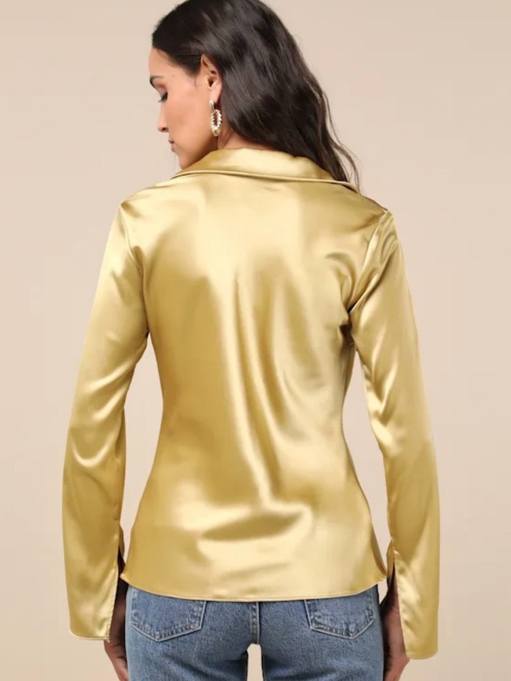 Lulus Coveted Aesthetic Gold Tie-Front Long Sleeve Collared Top Size Small NWT - Picture 5 of 8